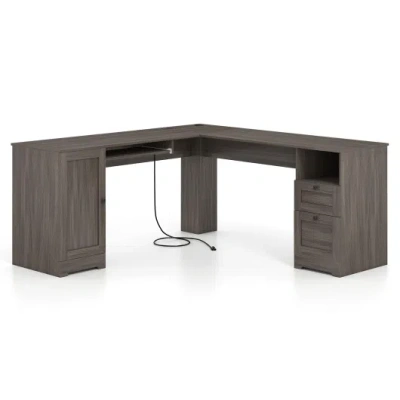 Costway 66 Inch L-shaped Computer Desk With Power Outlets-dark Gray
