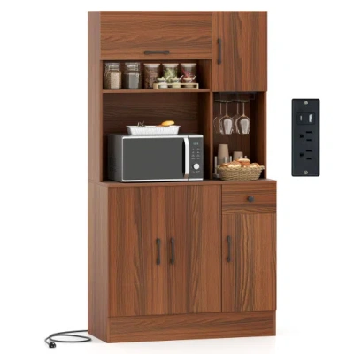 Costway 66 Inch Pantry Cabinet With Charging Station And Microwave Stand-brown