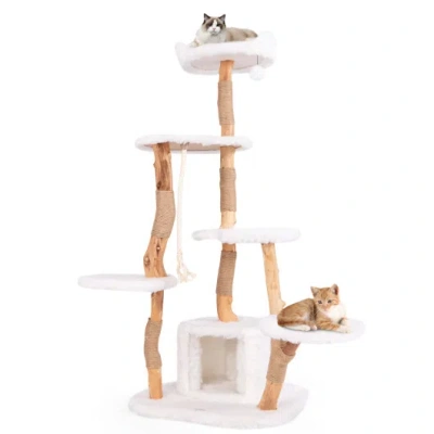 Costway 66 Inch Tall Solid Wood Cat Tree Modern Wooden Cat Tower With Perch-white