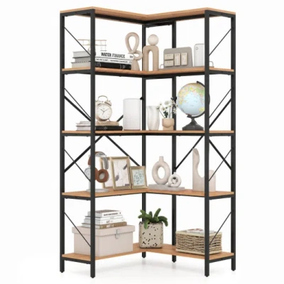 Costway 66" Tall 5-tier L-shaped Bookcase With Metal Frame For Living Room-rustic Brown