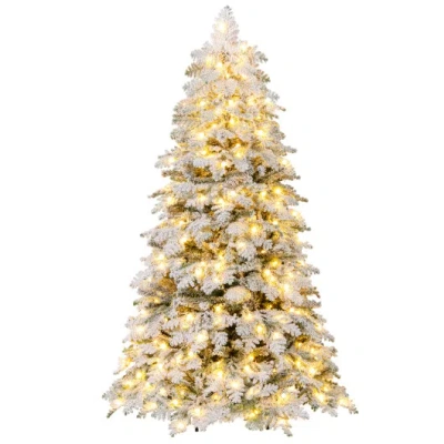 Costway 6/7 Feet Artificial Snow-flocked Christmas Tree Pre-lit Hinged Xmas Tree With 130 Twinkle Balls-6 Fe In Green