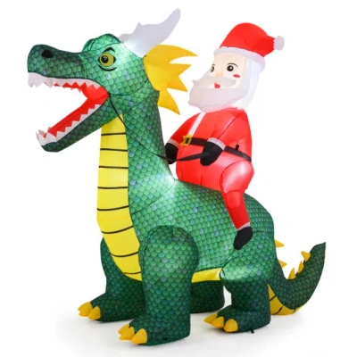 Costway 6.7 Feet Christmas Inflatable Santa Claus Ride On Dinosaur With Built-in Led Lights In Green