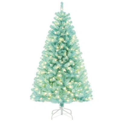 Costway 6/7 Ft Blue Artificial Christmas Tree With 280/380 Warm White Led Lights And Foldable Metal Stand-6  In Green