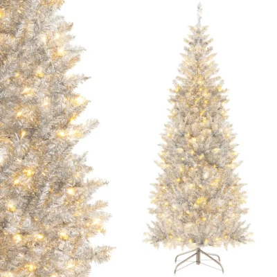 Costway 6/7 Ft Pre-lit Artificial Silver Tinsel Xmas Tree With 790 Branch Tips And 300 Led Lights-6 Ft In Brown