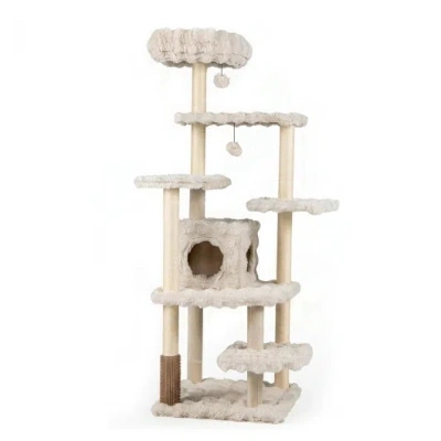 Costway 67 Inch Multi-level Cat Tree With Large Cat Condo And Padded Perch-beige In Neutral