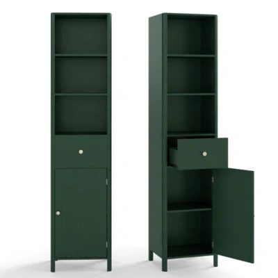 Costway 67 Inch Tall Bathroom Cabinet Narrow Floor Cabinet With Fluted Door-green In Multi