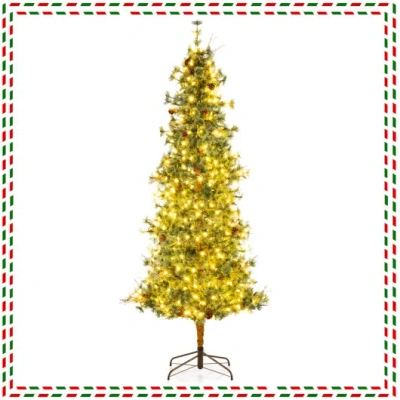 Costway 6/7/8 Feet Artificial Christmas Tree Pre-lit Hinged Xmas Tree With Warm White Led Lights And Pine Co In Green