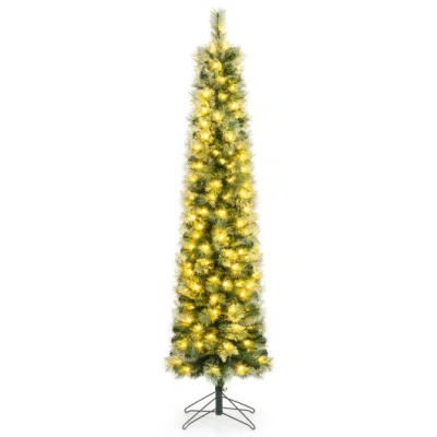Costway 6/7/8 Ft Pre-lit Pencil Artificial Christmas Tree With 120/150/200 Led Warm White Lights And 8 Modes In Green