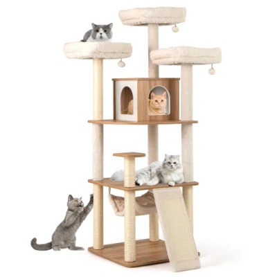 Costway 68 Inch Tall Cat Tree With 3 Padded Perches Condo And Sisal Scratching Posts-natural In Pink
