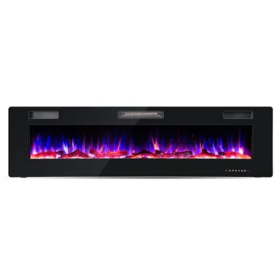 Costway 68 Inch Ultra-thin Electric Fireplace Recessed Wall Mounted With Crystal Log Decoration In Black
