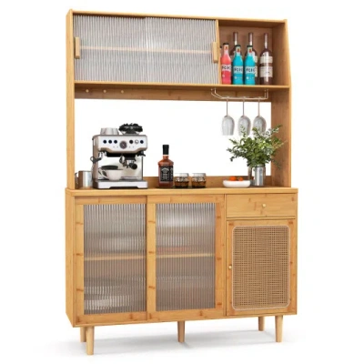 Costway 69 Inch Wine Bar Kitchen Cabinet With Sliding Tempered Glass And Rattan Door-natural In Brown