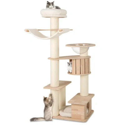 Costway 69 Inches Tall Cat Tree With Cozy Top Perch And Washable Plush Cushions In Neutral