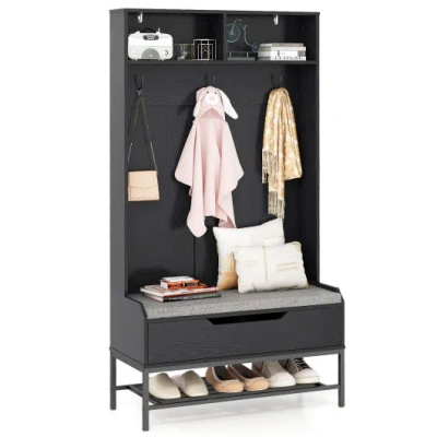 Costway 69 Inches Tall Hall Tree 4-in-1 Coat Rack With Seat Cushion And Shoe Storage-black