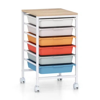 Costway 6-drawer Rolling Storage Cart With Wooden Tabletop-macaron In Multi