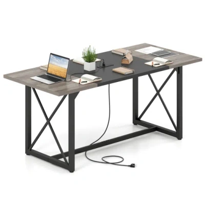 Costway 6ft Conference Table With Power Outlets Seats 6-8 People For Office-natural In Gray