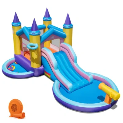 Costway 6-in-1 Inflatable Kids Water Park With 678w Blower In Blue