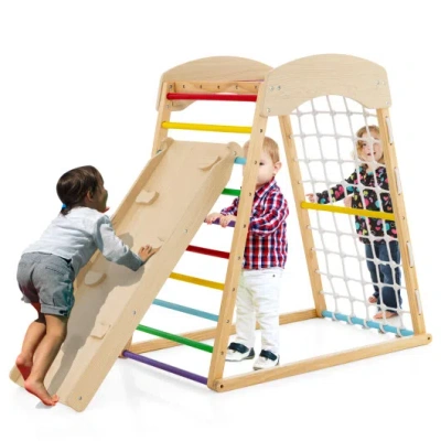 Costway 6-in-1 Jungle Gym Wooden Indoor Playground With Double-sided Ramp And Monkey Bars-multicolor In Neutral