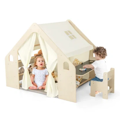 Costway 6-in-1 Kids Play Tent Playhouse With Blackboard 6 Storage Bins And Floor Cushion-beige In Neutral
