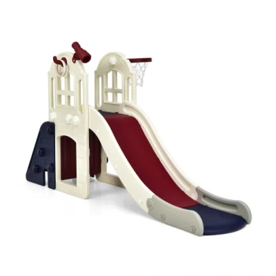 Costway 6-in-1 Large Slide For Kids Toddler Climber Slide Playset With Basketball Hoop-blue In Animal Print