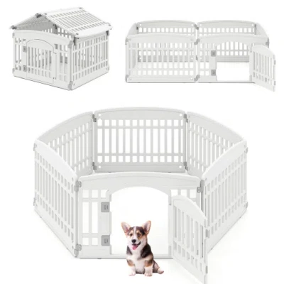 Costway 6-panel Plastic Dog Playpen 24 Inch Indoor Outdoor Pet Fence With Locking Door-white In Gray