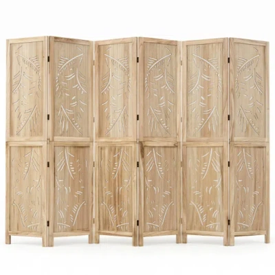 Costway 6-panel Wooden Room Divider With Palm Leaf Design & Paulownia Frame For Home In Brown