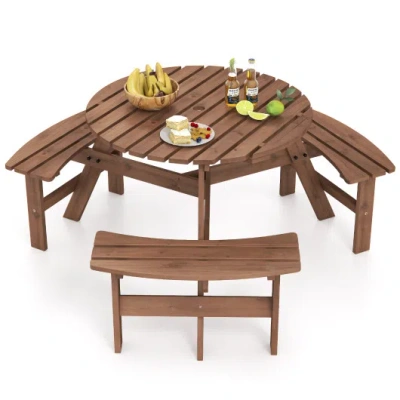 Costway 6-person Round Picnic Table Set With 3 Built-in Benches And Umbrella Hole-brown