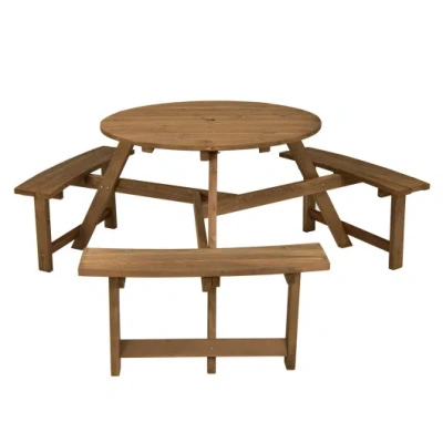 Costway 6-person Round Wooden Picnic Table With Umbrella Hole And 3 Built-in Benches-dark Brown