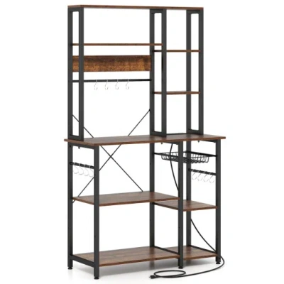 Costway 6-tier Bakers Rack With Power Outlet Stand Wooden Open Shelves-rusticbrown In Multi