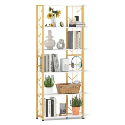 Costway 6-tier Bookshelf Modern Geometric Bookcase With Heavy-duty Metal Frame And Anti-tipping Kits-white In Brown