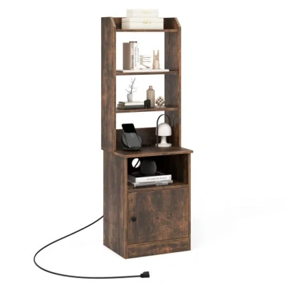 Costway 6-tier Bookshelf Nightstand With Charging Station And Cabinet-rustic Brown