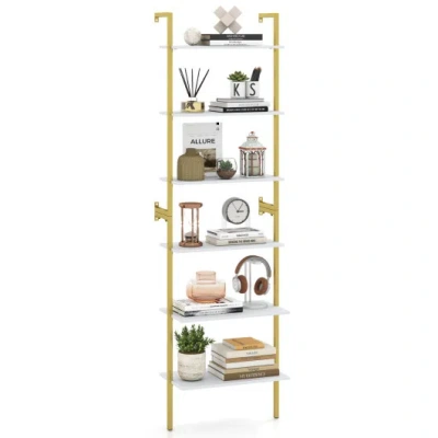 Costway 6-tier Freestanding Ladder Storage Bookshelf With Metal Frame For Study And Pantry-white In Gold