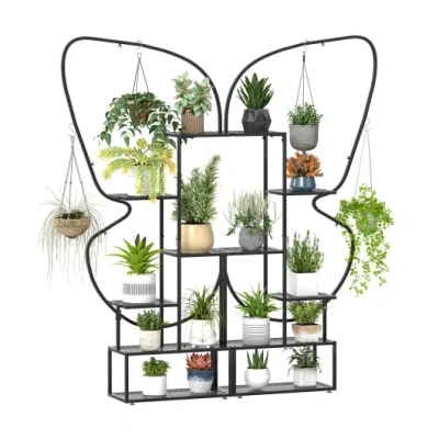 Costway 6-tier Metal Plant Stand Ladder Display Rack With Hanging Hooks-black In Multi