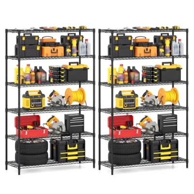 Costway 6-tier Metal Storage Shelving Unit Set Of 2 Adjustable Utility Shelf With V-shaped Wire Rack-black In Multi