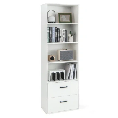 Costway 6-tier Tall Freestanding Bookshelf With 4 Open Shelves And 2 Drawers-white In Multi