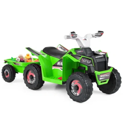 Costway 6v Kids Electric Atv Quad Car With Detachable Trailer-green In Multi