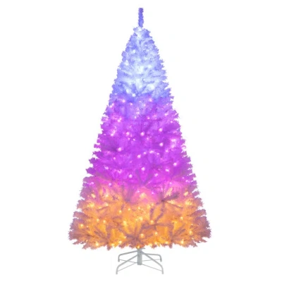 Costway 7 Feet Artificial Christmas Tree Hinged Pre-lit Xmas Tree With 11 Lighting Modes In Multi