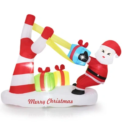 Costway 7 Feet Christmas Inflatables Santa With Slingshot And Built-in Led Lights Outdoor Decoration In Multi