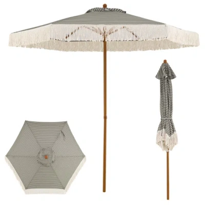 Costway 7 Feet Patio Umbrella With Fringe Sun-protective Beach Umbrella With Boho Tassel-green In Gray
