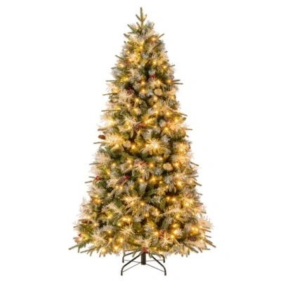 Costway 7 Feet Pre-lit Artificial Christmas Tree With 8 Modes Led Lights With Berries In Green