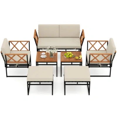 Costway 7 Piece Outdoor Conversation Set With Cushions And Bungee Rope Seat-beige In Multi