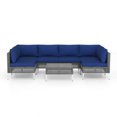 Costway 7 Piece Outdoor Furniture Set Wicker Chairs With Tempered Glass Coffee Table-navy In Blue