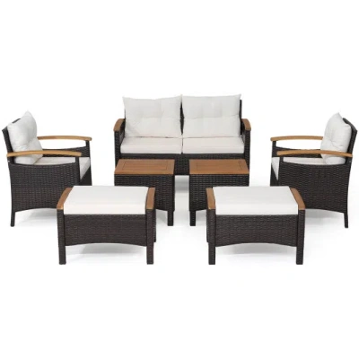 Costway 7 Piece Rattan Patio Sofa Set With Acacia Wood Tabletop And Armrests In Black