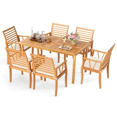 Costway 7 Pieces Acacia Wood Patio Dining Set With 1.97 Inch Umbrella Hole And Padded Cushions In Brown