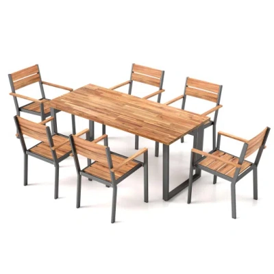 Costway 7 Pieces Acacia Wood Patio Dining Set With Metal Frame And 2 Inches Umbrella Hole In Brown
