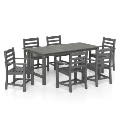 Costway 7 Pieces Outdoor Dining Table Set For 6 People 67 Inch Hdpe Patio Rectangle Table And 6 Armchairs-gr In Gray