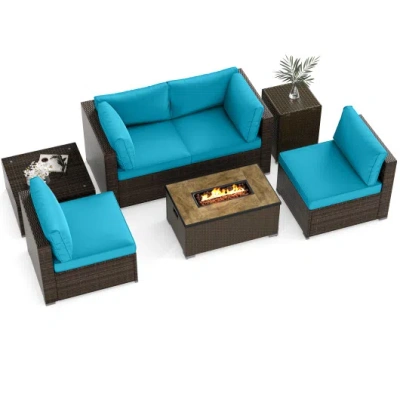 Costway 7 Pieces Outdoor Furniture Set With 32 Inch Fire Pit Table And Propane Tank Cover-turquoise In Blue