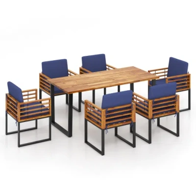 Costway 7 Pieces Patio Acacia Wood Dining Chair And Table Set For Backyard And Poolside-navy In Brown