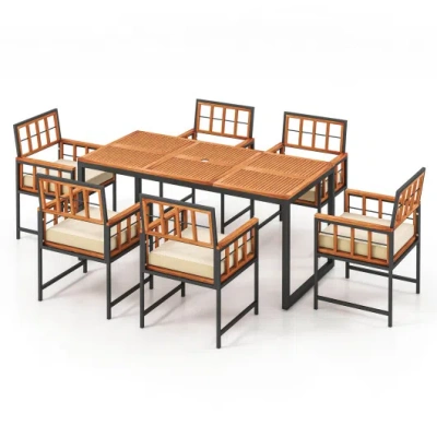 Costway 7 Pieces Patio Acacia Wood Dining Set With Soft Cushions And Umbrella Hole-natural In Brown