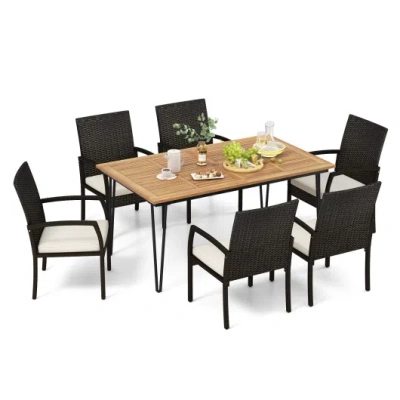 Costway 7 Pieces Patio Dining Set With Acacia Wood Dining Table For Porch Backyard Garden Poolside In Black