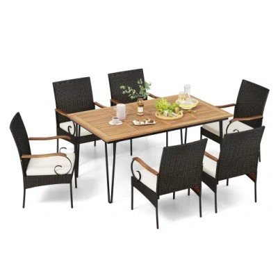 Costway 7 Pieces Patio Dining Set With Rattan Armchairs Soft Cushions 2" Umbrella Hole In Multi